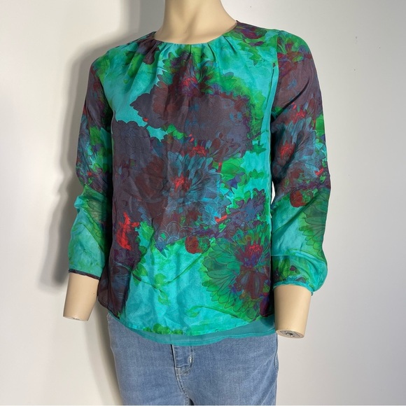 J Crew Flowy Sheer Floral 100% Silk Blouse Women’s Size 0 - Picture 1 of 7
